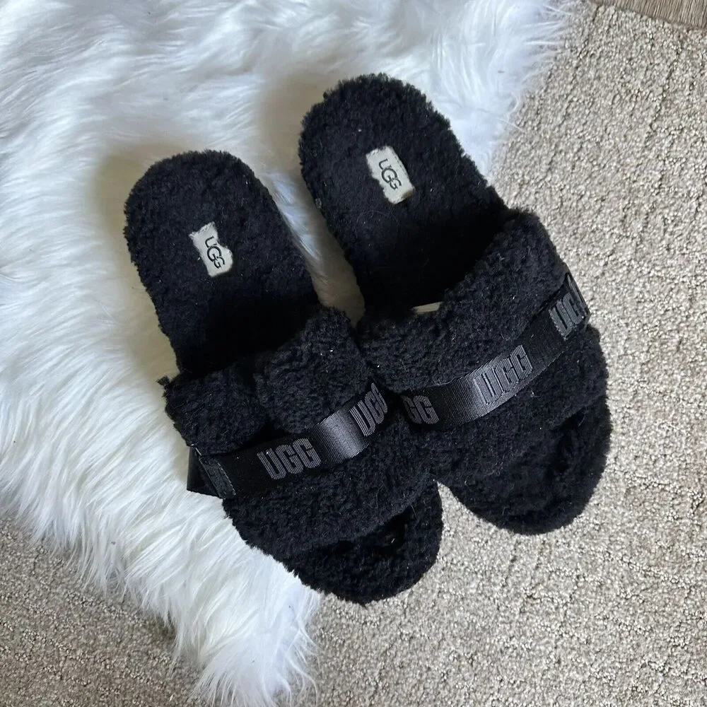 Ugg Australia Women's Black Fluffy Platform Sandals shoes sz 11 - Picture 2 of 7